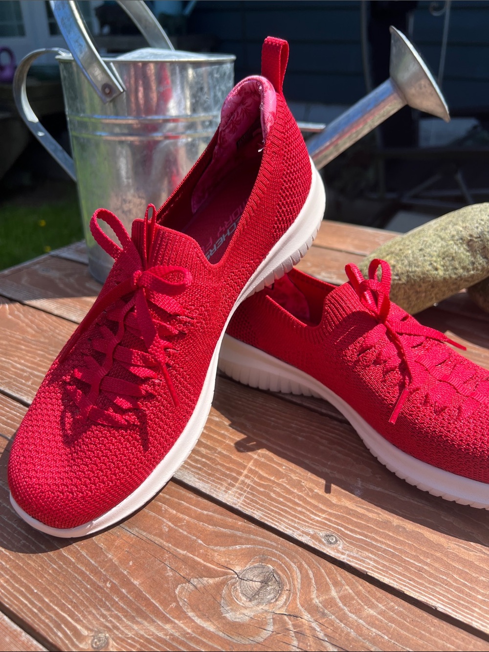 Skechers Red Knit Slip-On Lace-Up Walking Sneakers with White Sole